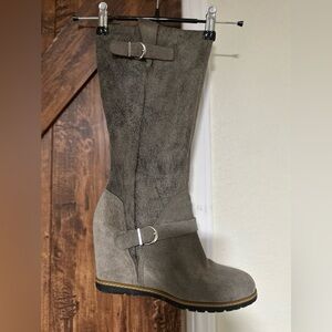 Skechers Gray Suede Wedge knee Boots with Buckle